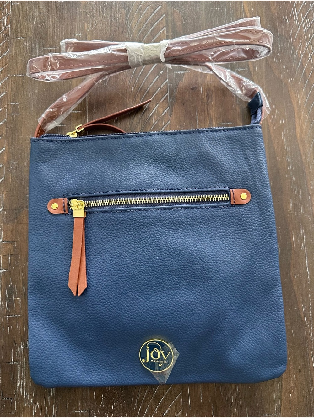 NWT Joy Mangano Navy Pebbled Crossbody with Gold Logo Medallion